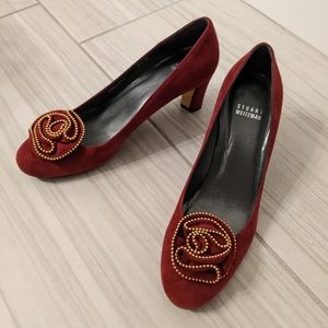 Stuart Weitzman red suede pumps with rose gold beads size 7.5